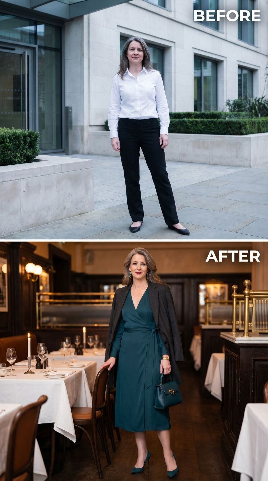 Teal Wrap Dress, Dark Blazer, and the Dinner Reservation That Finally Fits the Woman Wearing It