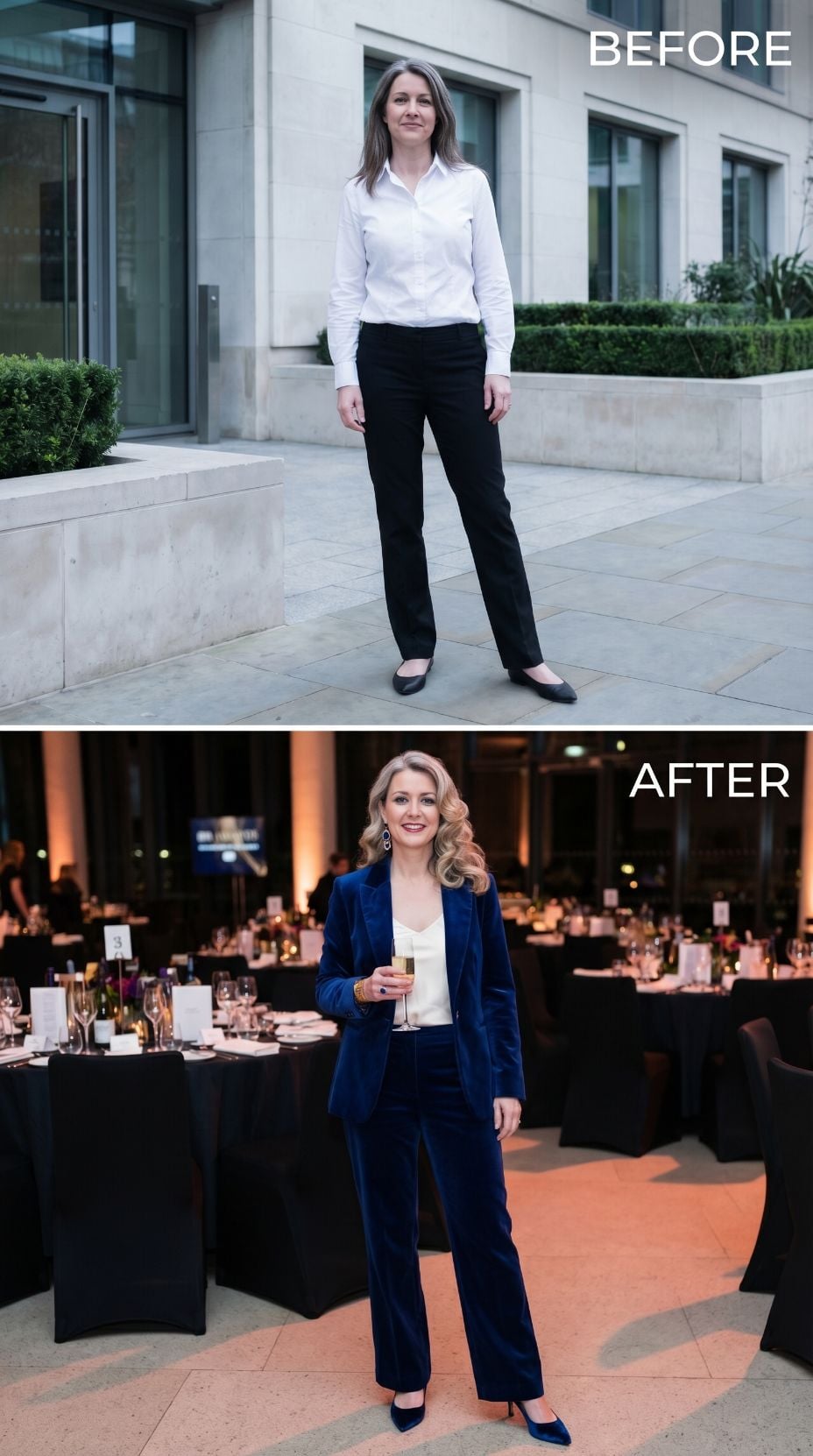 Navy Velvet Suit, Champagne Flute, Zero Apologies for Taking Up Space