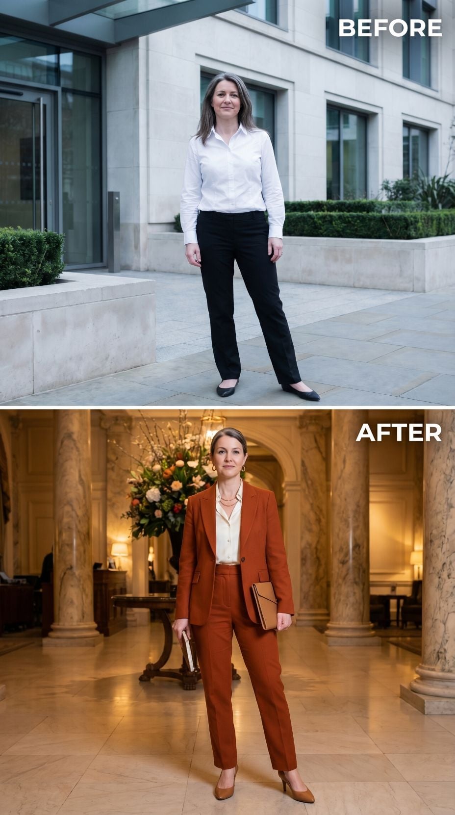 Rust Suiting, a Cream Silk Shirt, and the Colour Decision That Changes Everything After 40