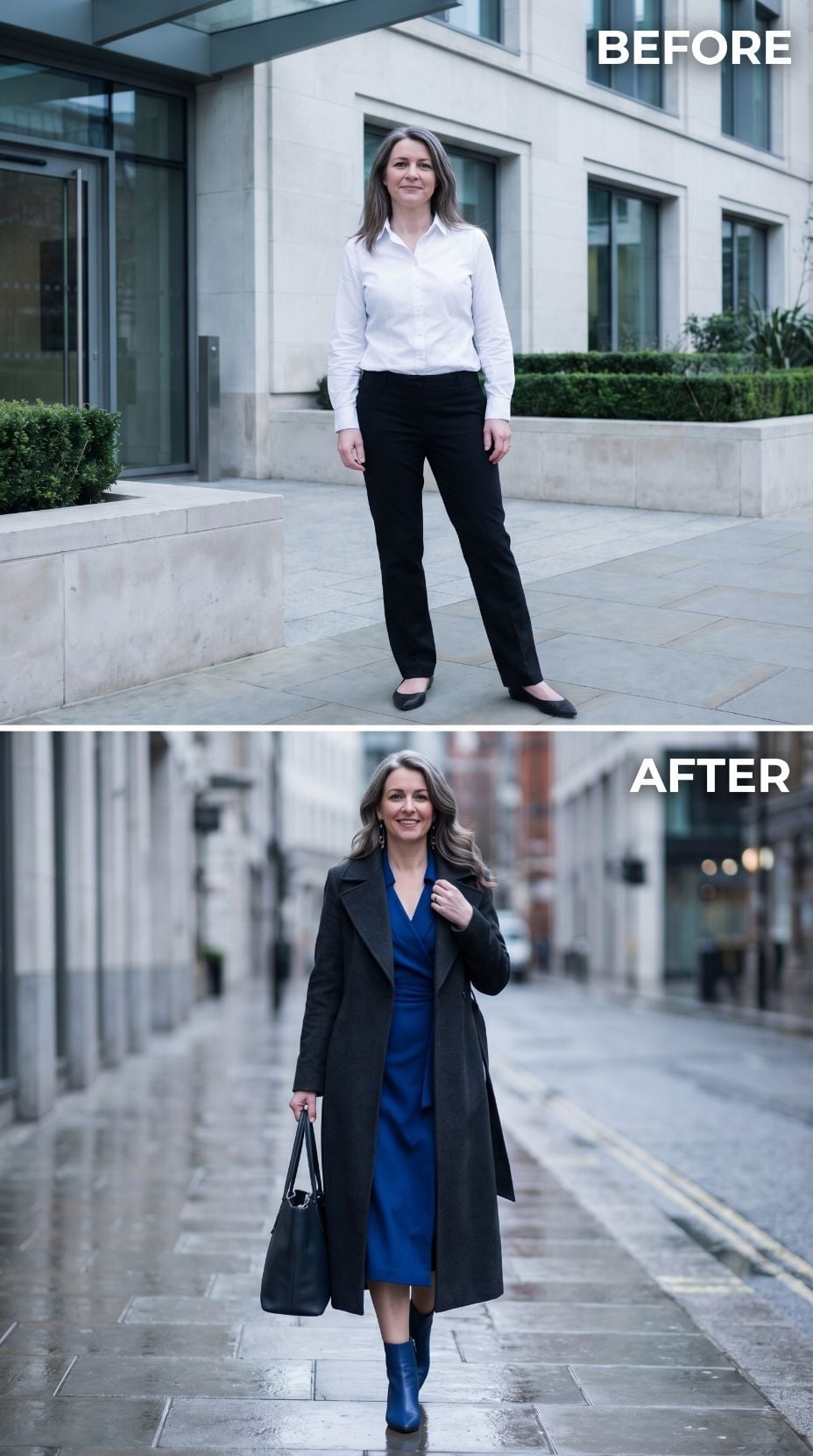 Royal Blue Wrap Dress, Charcoal Wool Coat, and the Street-Level Authority Nobody Taught Her