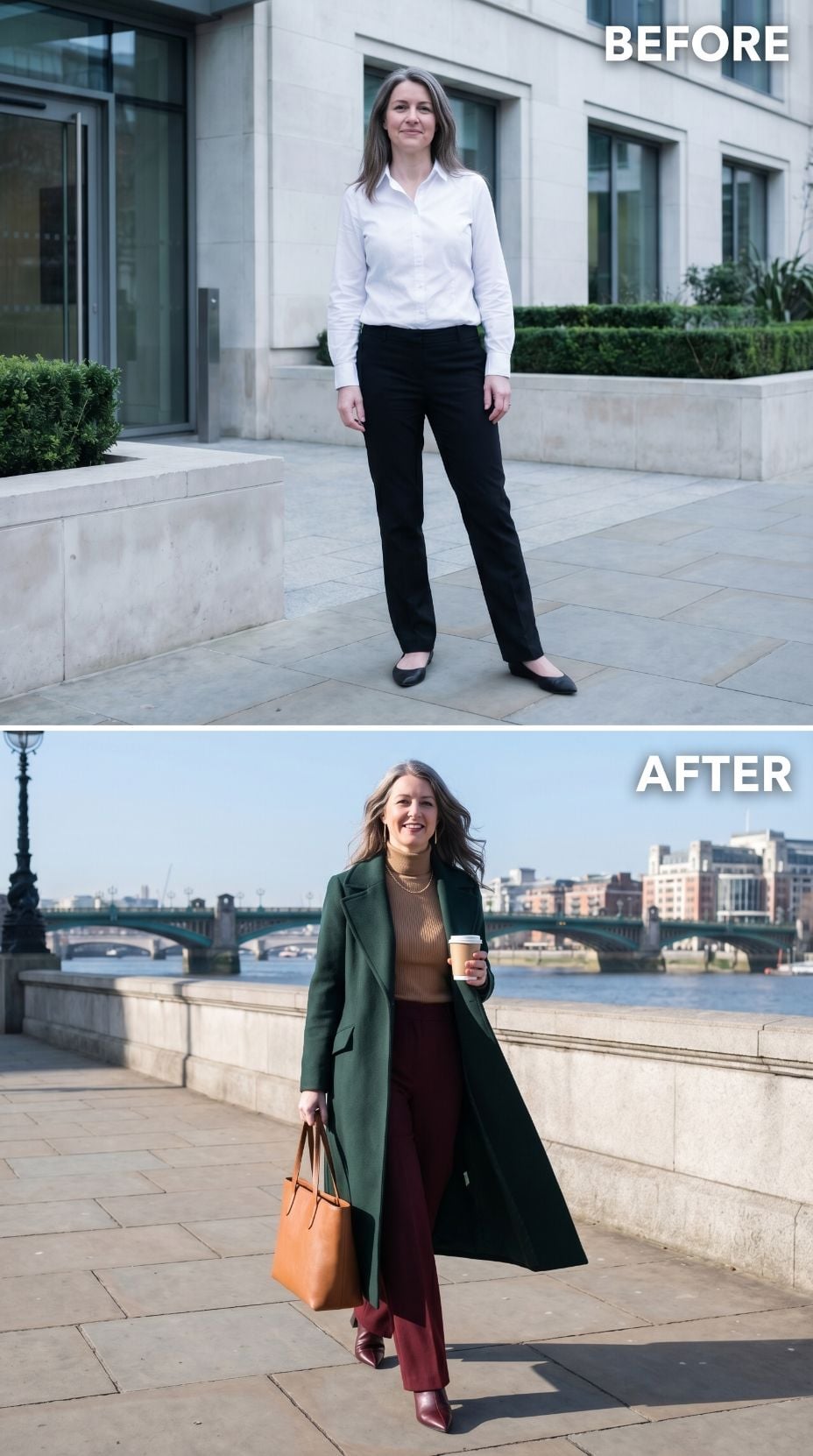 Forest Green Wool Coat, Burgundy Wide-Legs, and What the Thames Embankment Already Knew