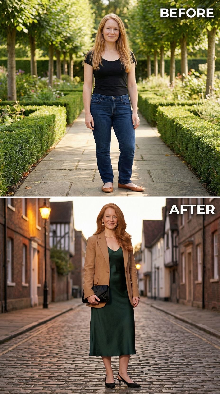 Black Scoop-Neck and Dark Jeans Step Onto Cobblestones Looking Completely Different