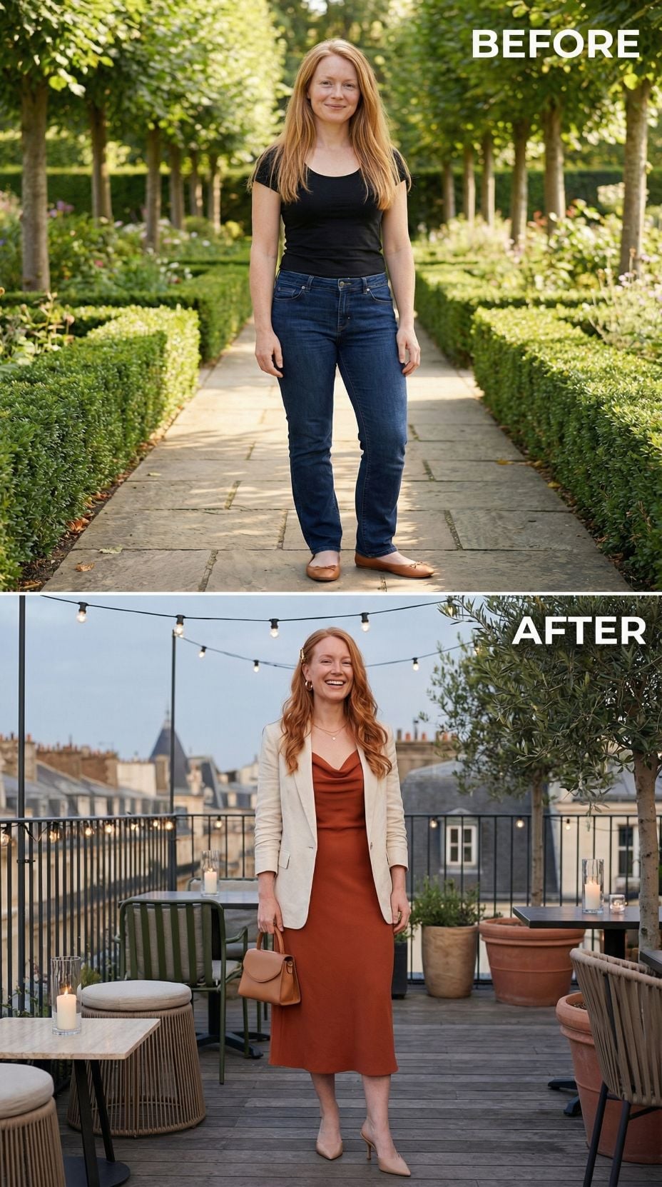 Rust Cowl-Neck Midi and a Cream Blazer on a Paris Rooftop, Planned to the Last Detail