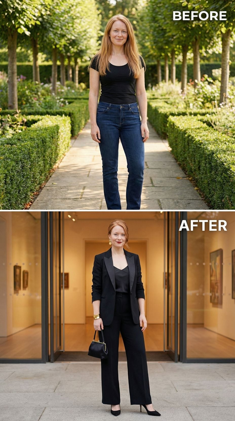 Cap-Sleeve and Garden Jeans Reach an Art Gallery in Full Black Tuxedo