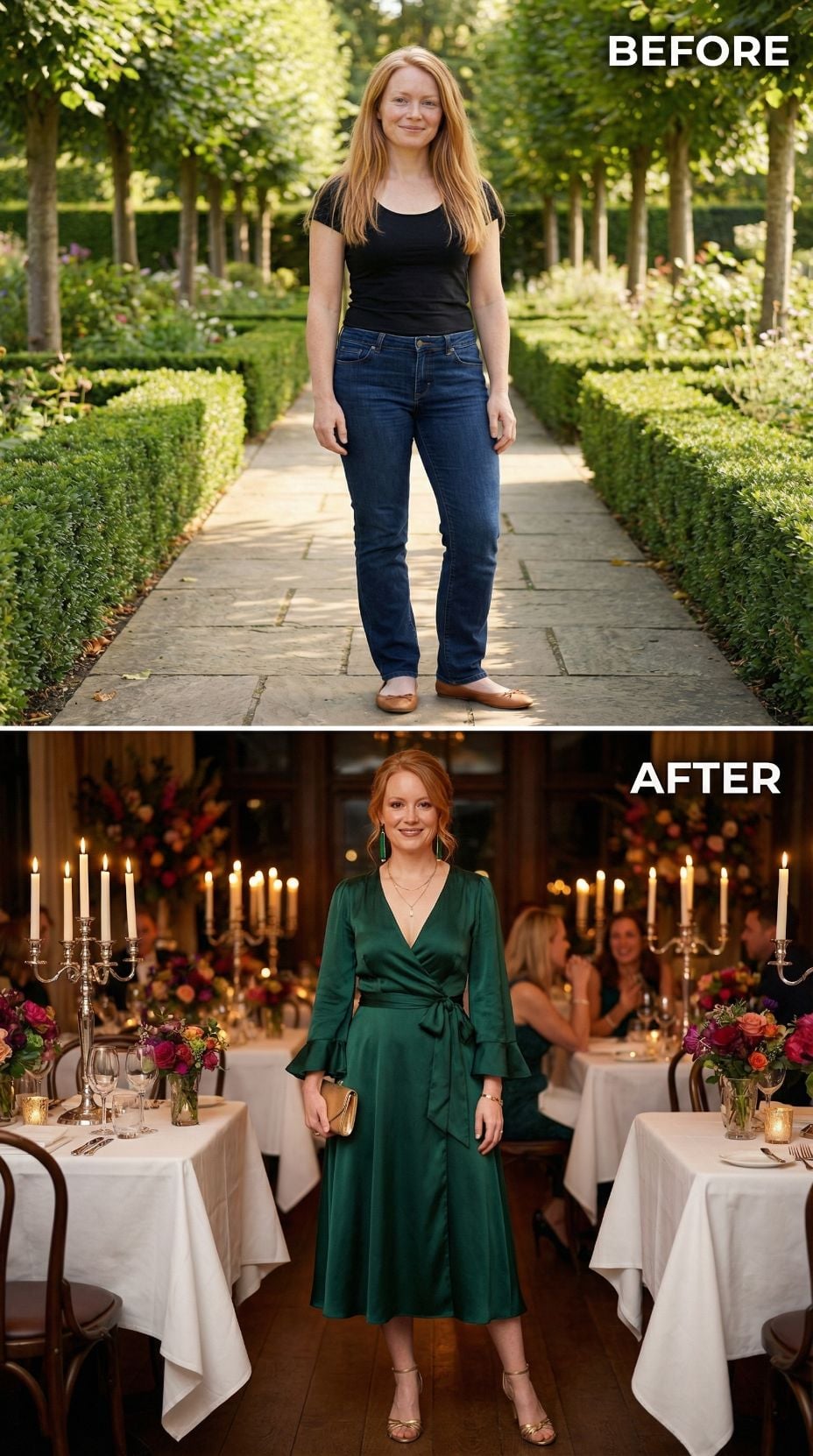 Cap-Sleeve and Jeans in a Garden, Green Satin at a Candlelit Dinner