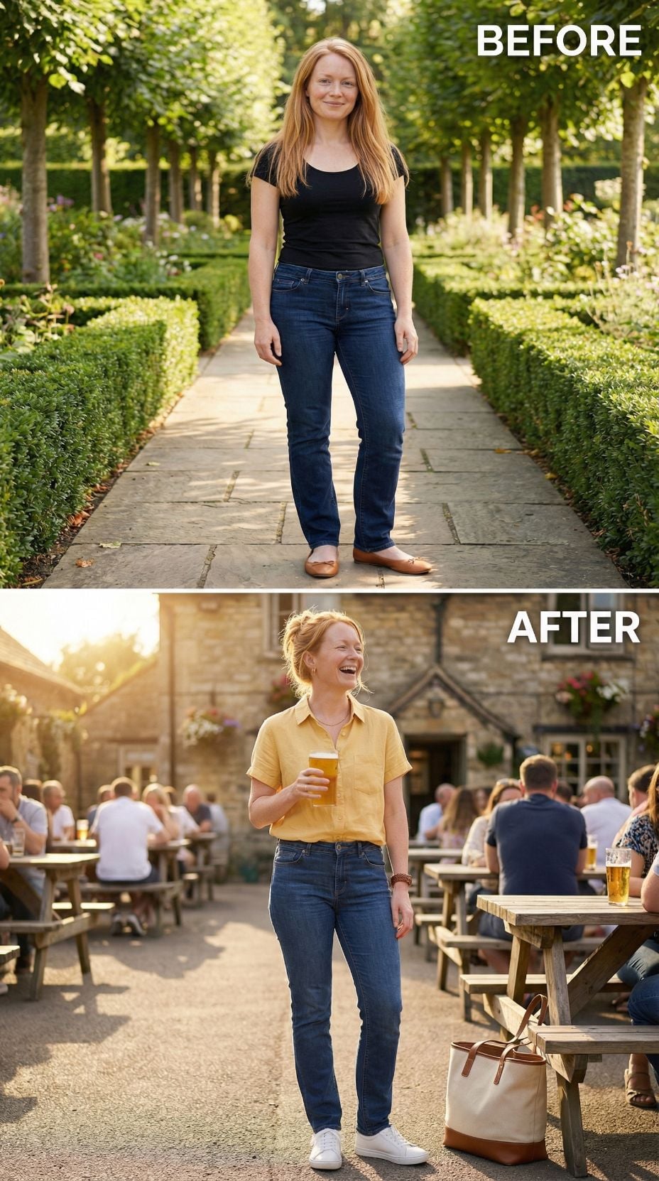 Black Cap-Sleeve and Dark Jeans at the Pub Garden, Resolved With Yellow Linen