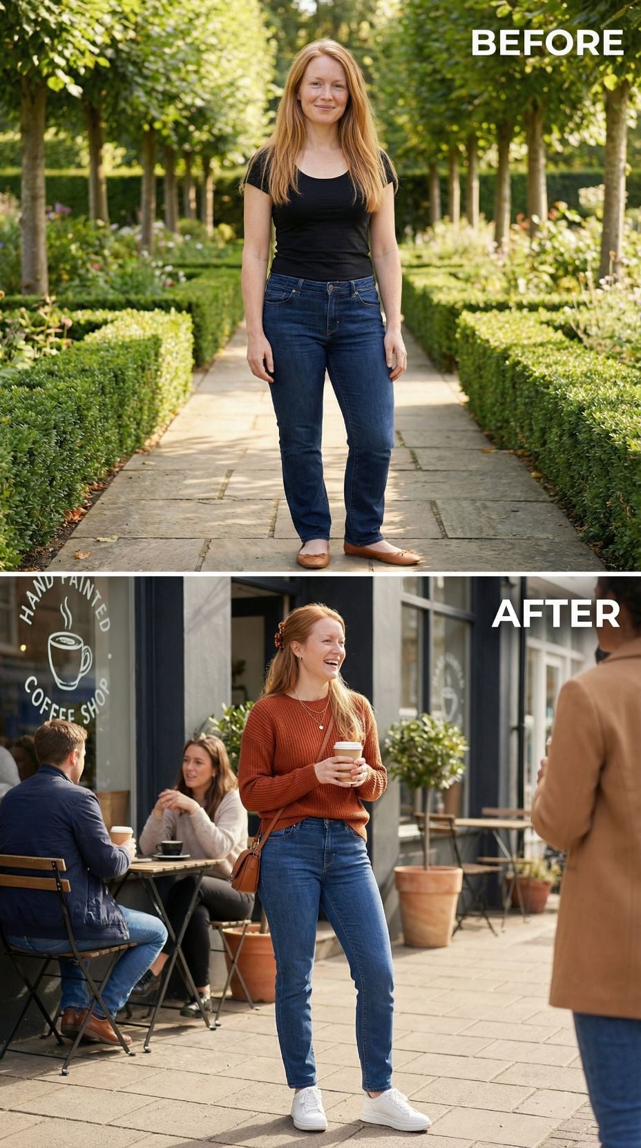 Cap-Sleeve and Garden Jeans Reach a Coffee Shop Wearing Rust and a Smile