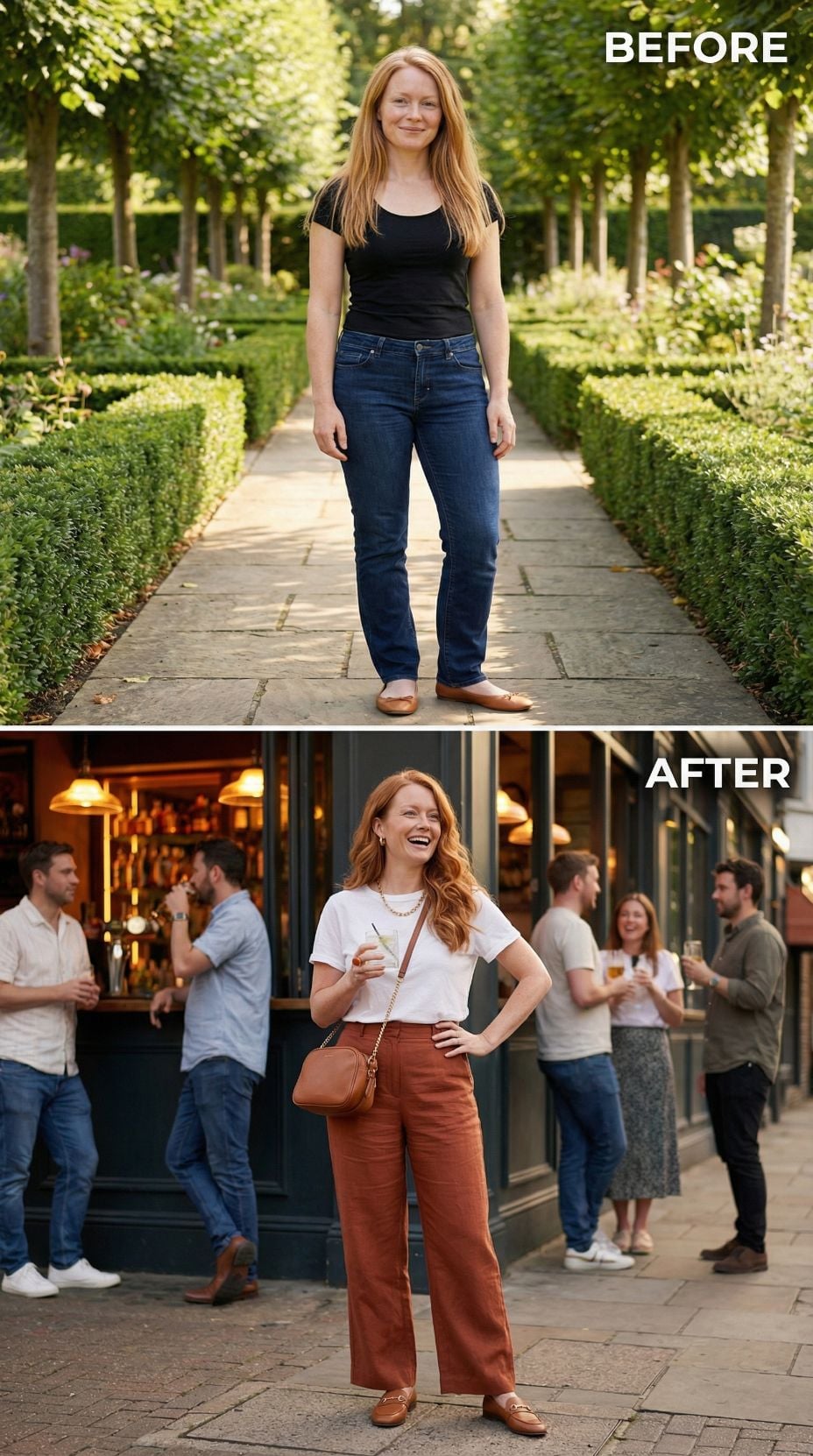 Cap-Sleeve and Garden Jeans Resolve Outside a Bar in Rust Wide-Leg