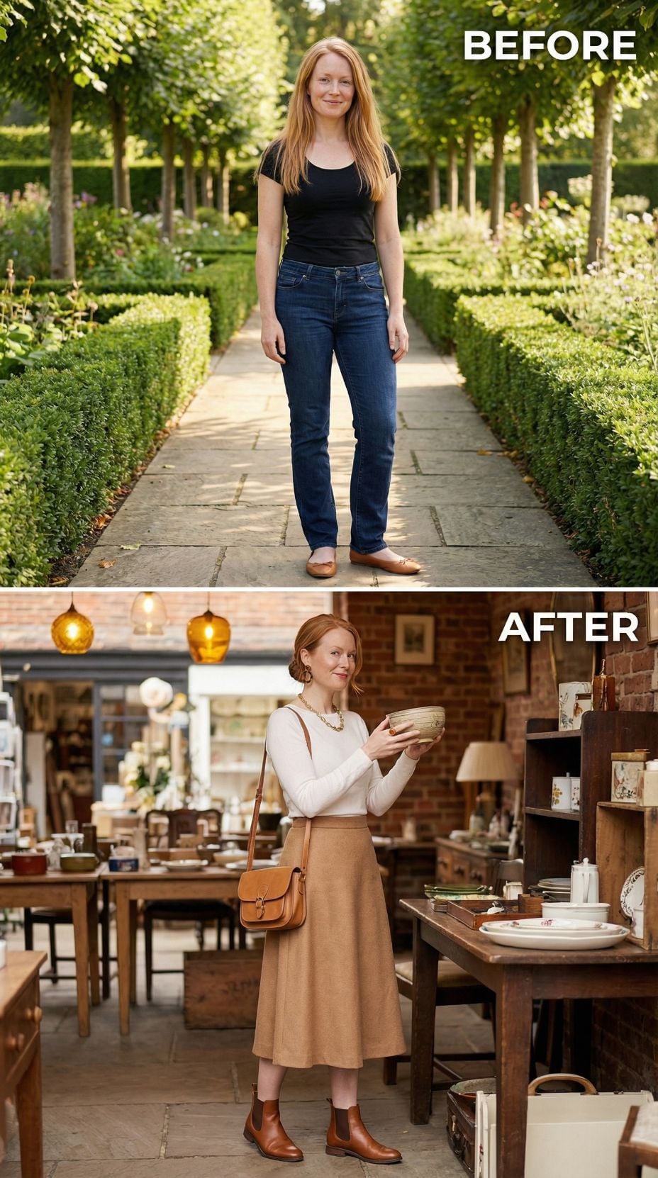 Flat Pumps and a Garden Path, Resolved at an Antique Market in Camel and Cream