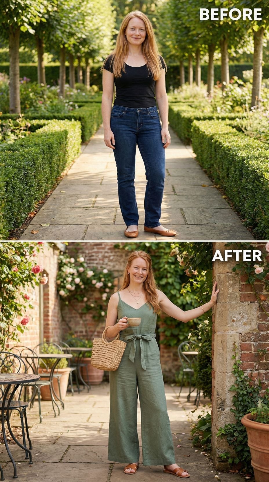 Cap-Sleeve and Garden Jeans Resolved in Sage Linen at a Walled Courtyard