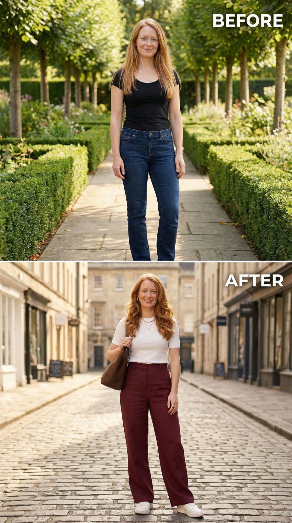 Cap-Sleeve and Garden Jeans Land on Cobblestones in Burgundy Wide-Leg