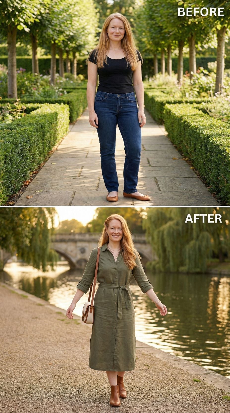 Olive Shirt Dress by the River, and Every Button Is Doing Its Job