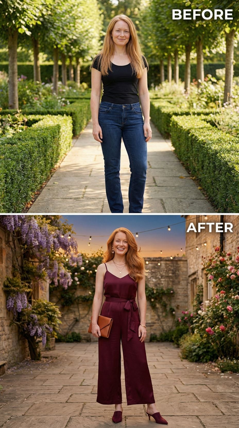 Garden Path Jeans Resolved in Burgundy Satin at the Golden Hour
