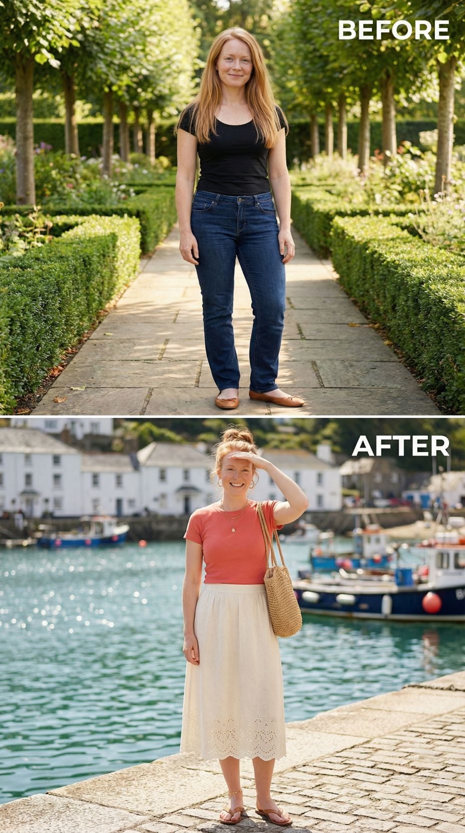Garden Jeans Behind Her, Coral Rib Knit and a Harbour Ahead