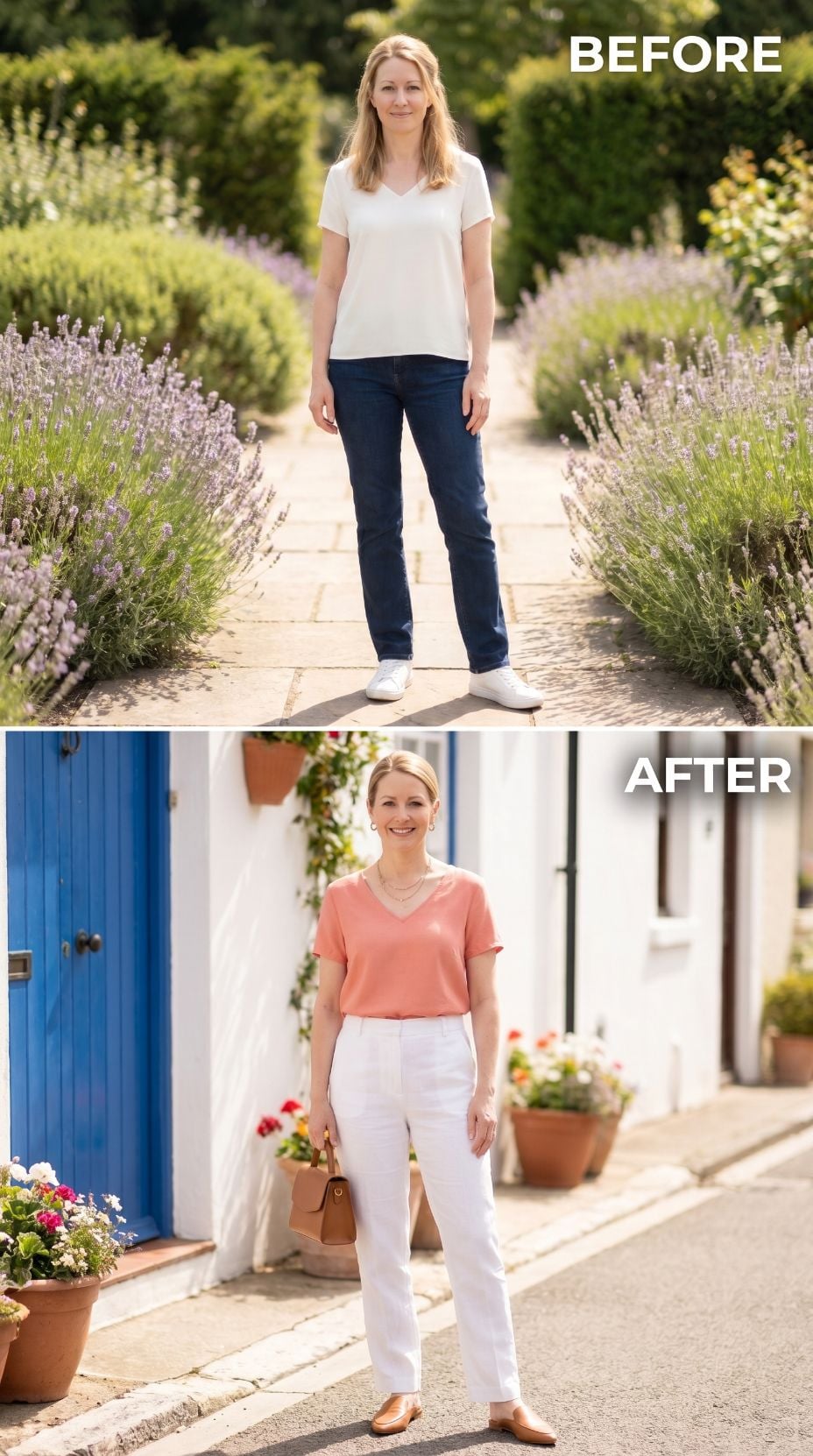 Coral V-Neck, White Trousers, and a Makeover That Didn't Try Too Hard