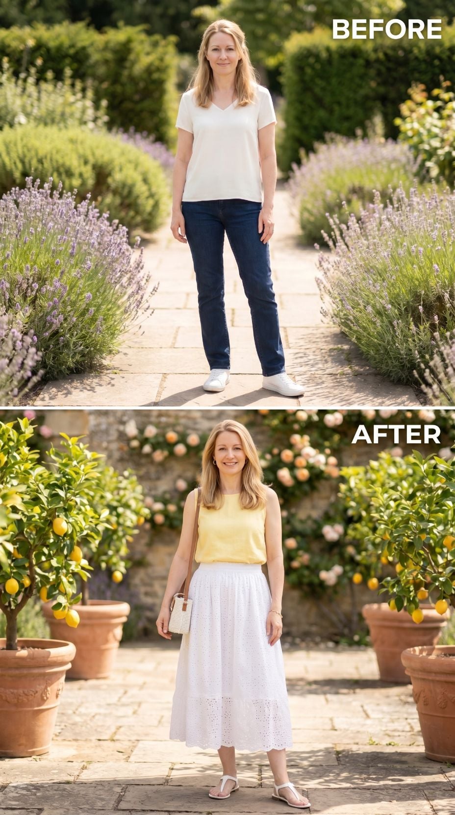 Yellow Top, White Eyelet Skirt, and a Garden That Asked Nothing of Her