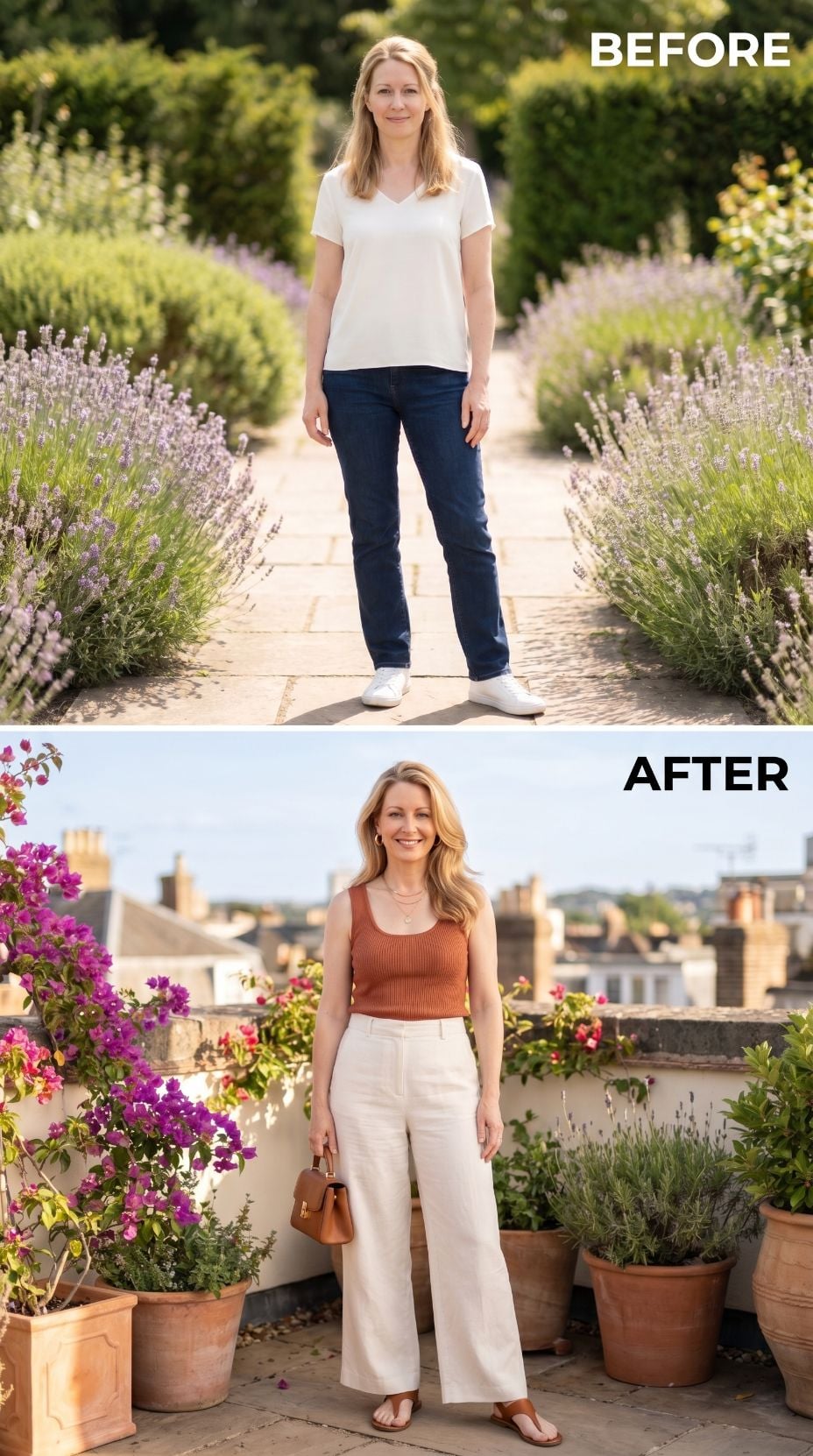 Rust Tank, Wide Cream Trousers, and a Rooftop That Required Nothing Extra