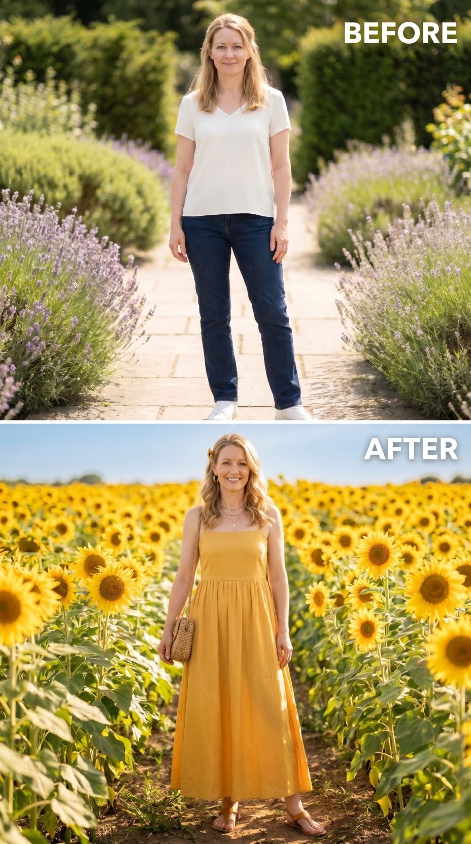 Sunflower Field, a Golden Sundress, and Quiet Proof That Color Can Speak Volumes