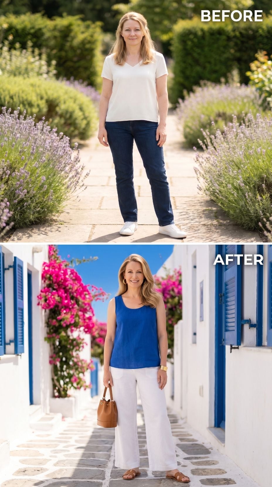 Blue Tank, White Linen, and a Greek Street That Asked Nothing of Her