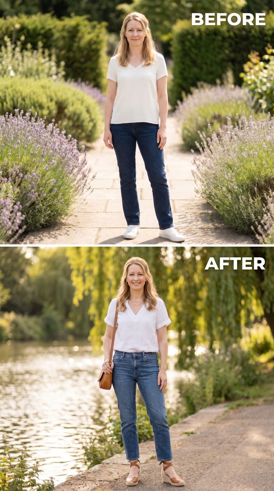 Lavender Garden to Waterside Path, and the White V-Neck That Finally Fit the Life She's Living