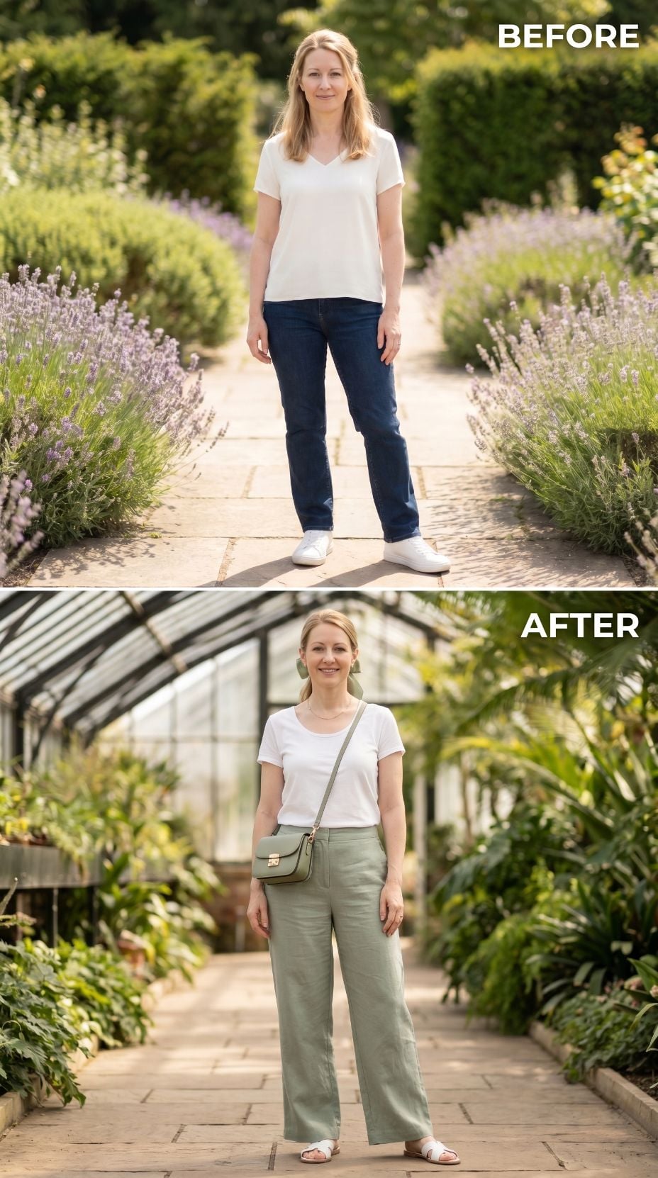 Sage Linen, a Greenhouse Path, and Quiet Style That Doesn't Need an Audience