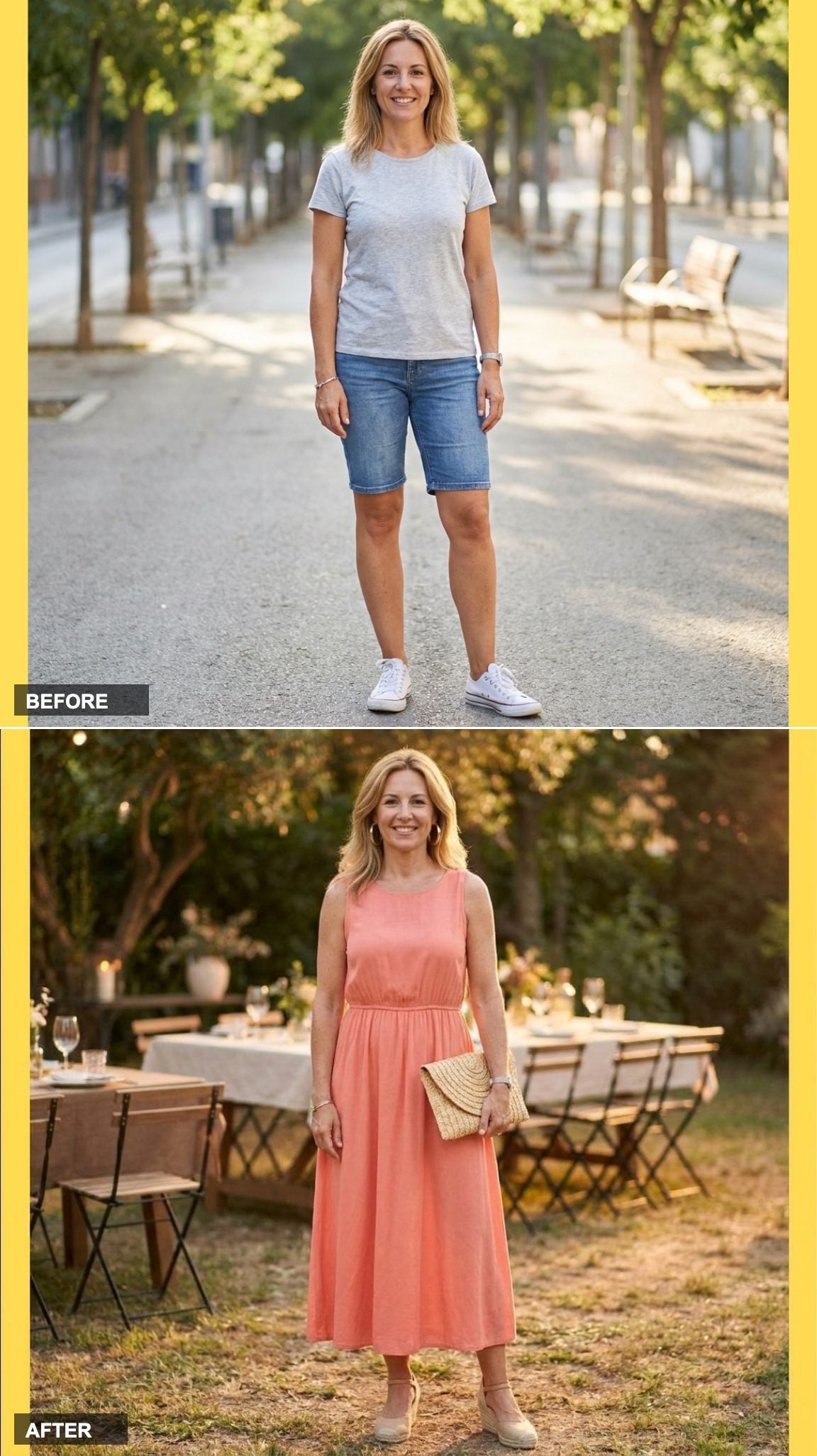 A Soft Coral Midi Sundress with Espadrille Wedges for the First Night Out