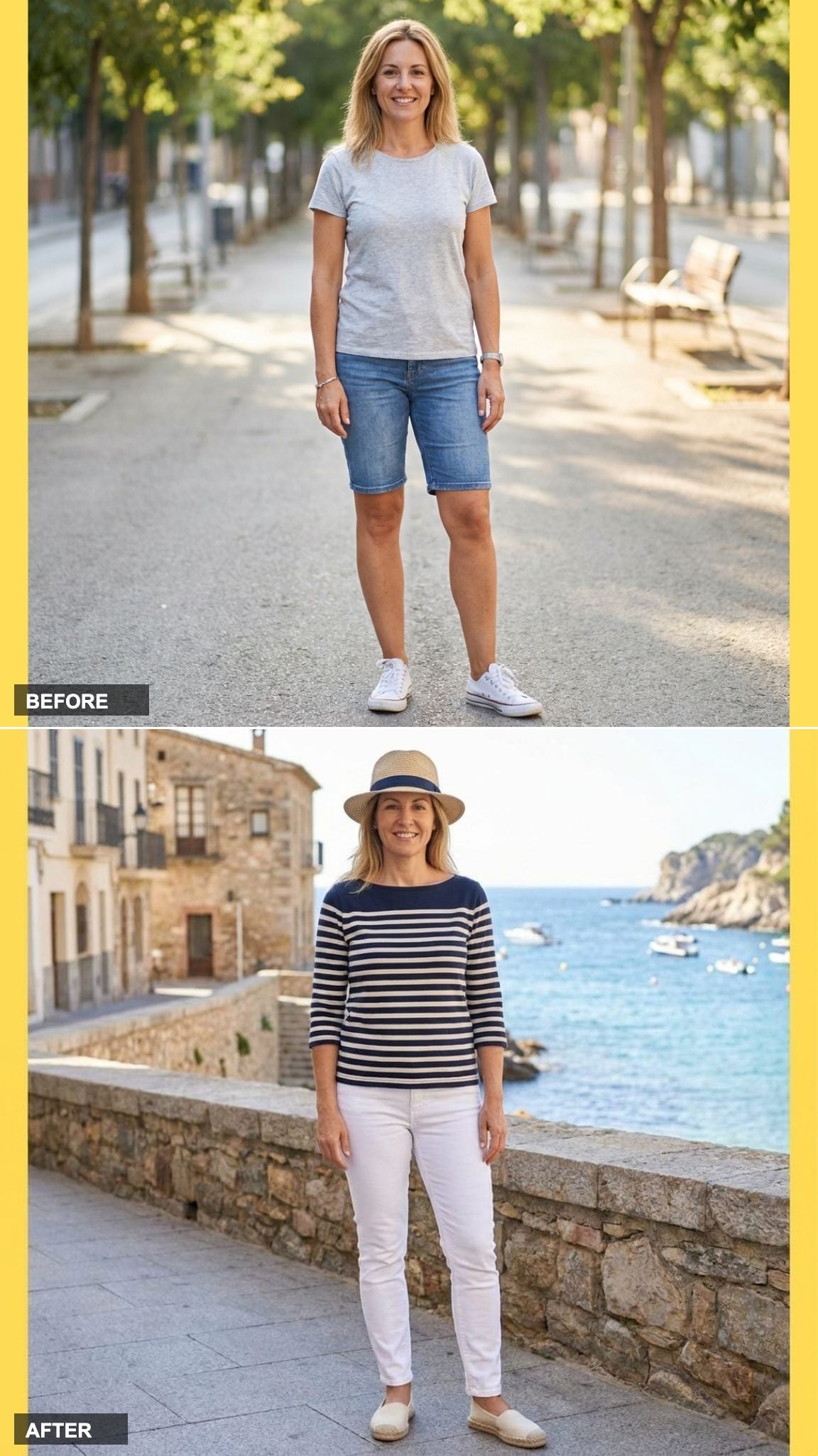 Striped Breton Top, Crisp White Jeans, and a Straw Hat: Seaside Town Done Right