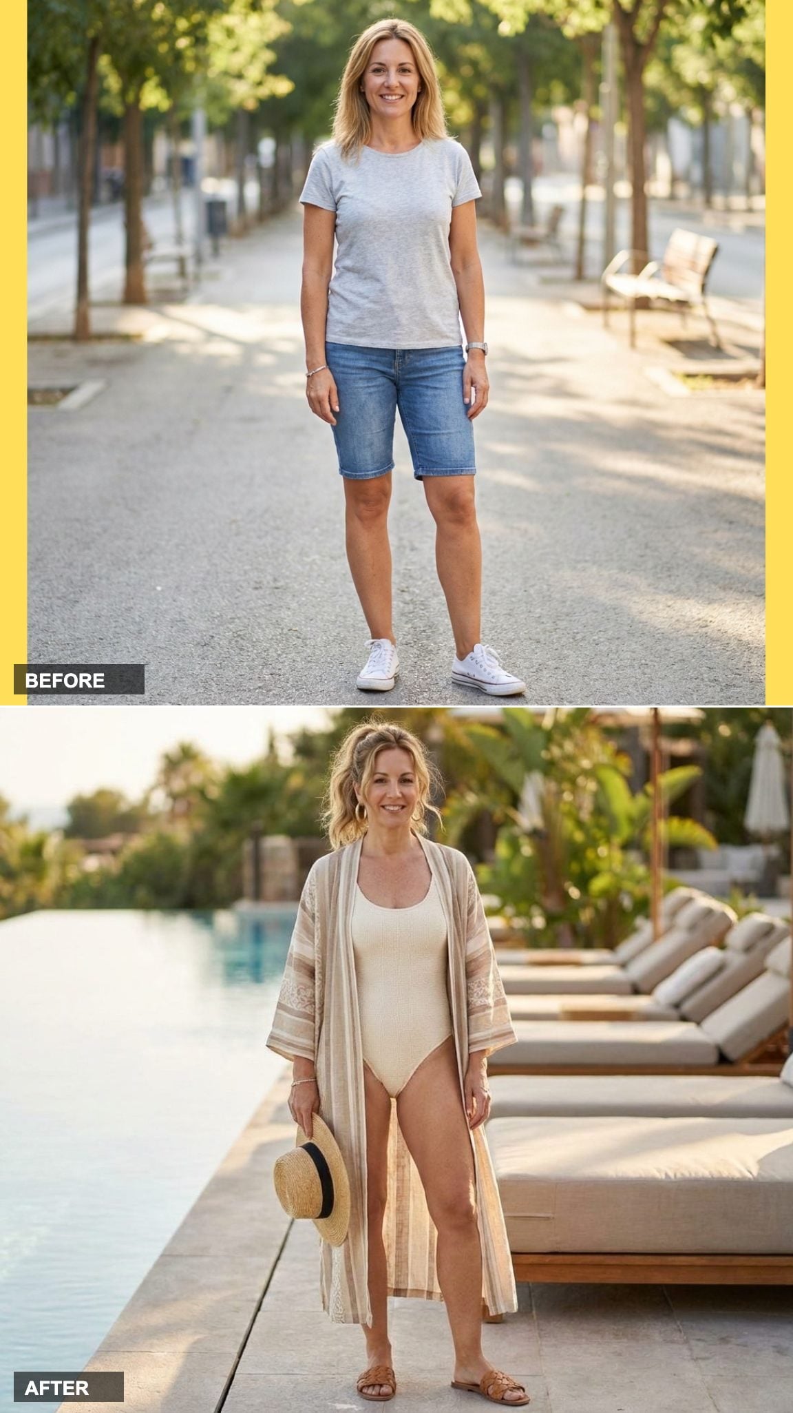 Neutral Kimono Cover-Up Over a Swimsuit for a Polished Poolside Moment