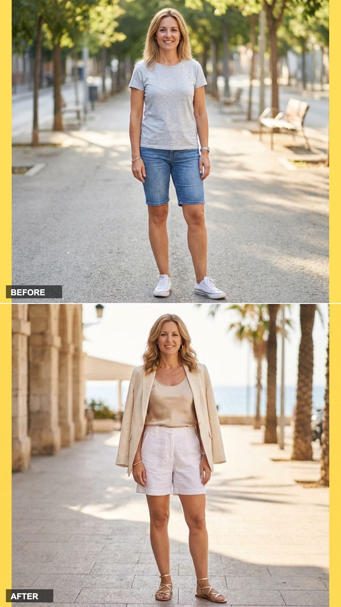 Champagne Silk Tank, White Tailored Shorts, and a Blazer Draped Like She Means It