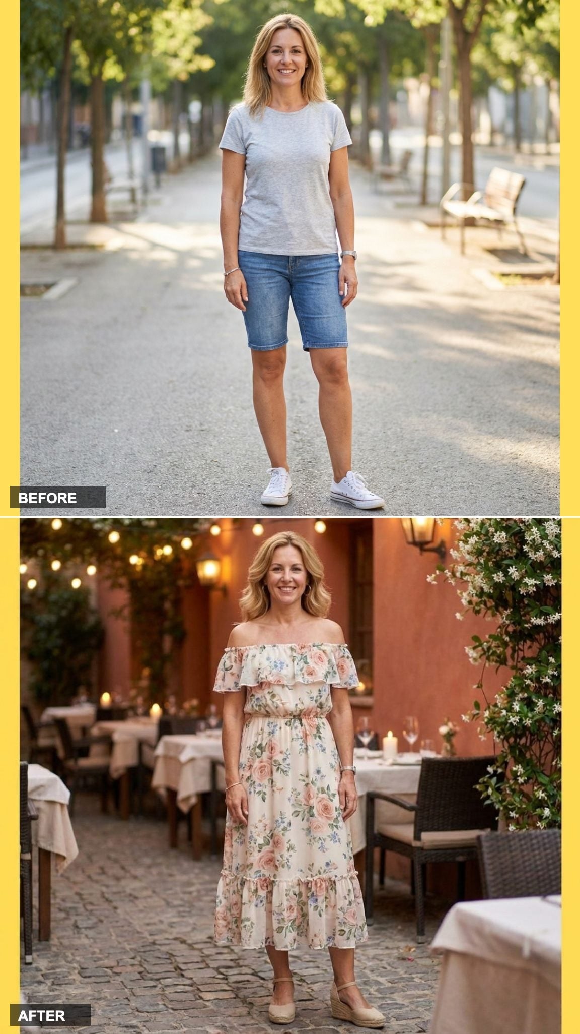 Off-Shoulder Midi Dress in Soft Florals with Wedges and Gold Jewelry