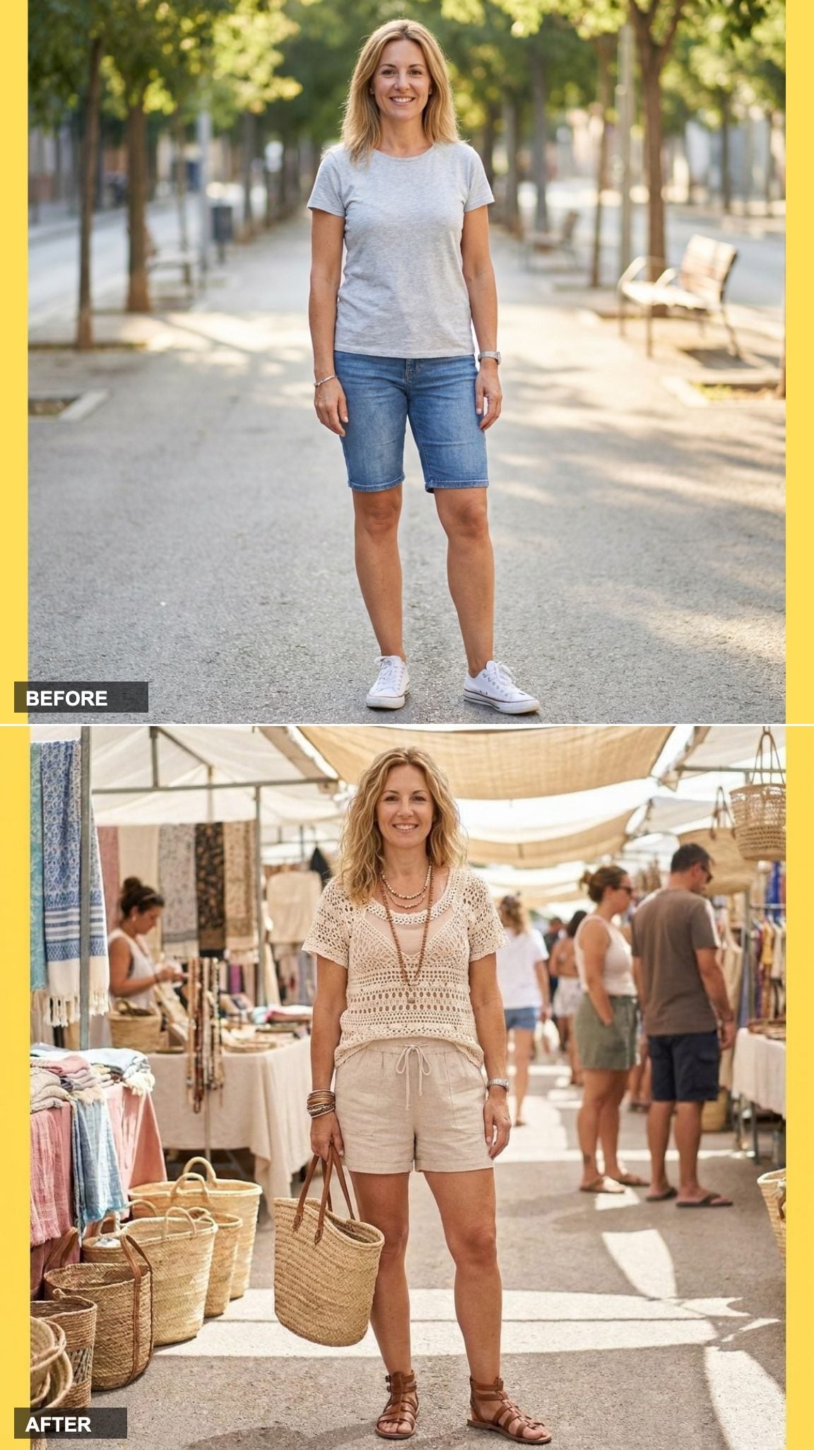 Crochet Top Over a Nude Cami with Linen Shorts for a Boho Beach Market Stroll