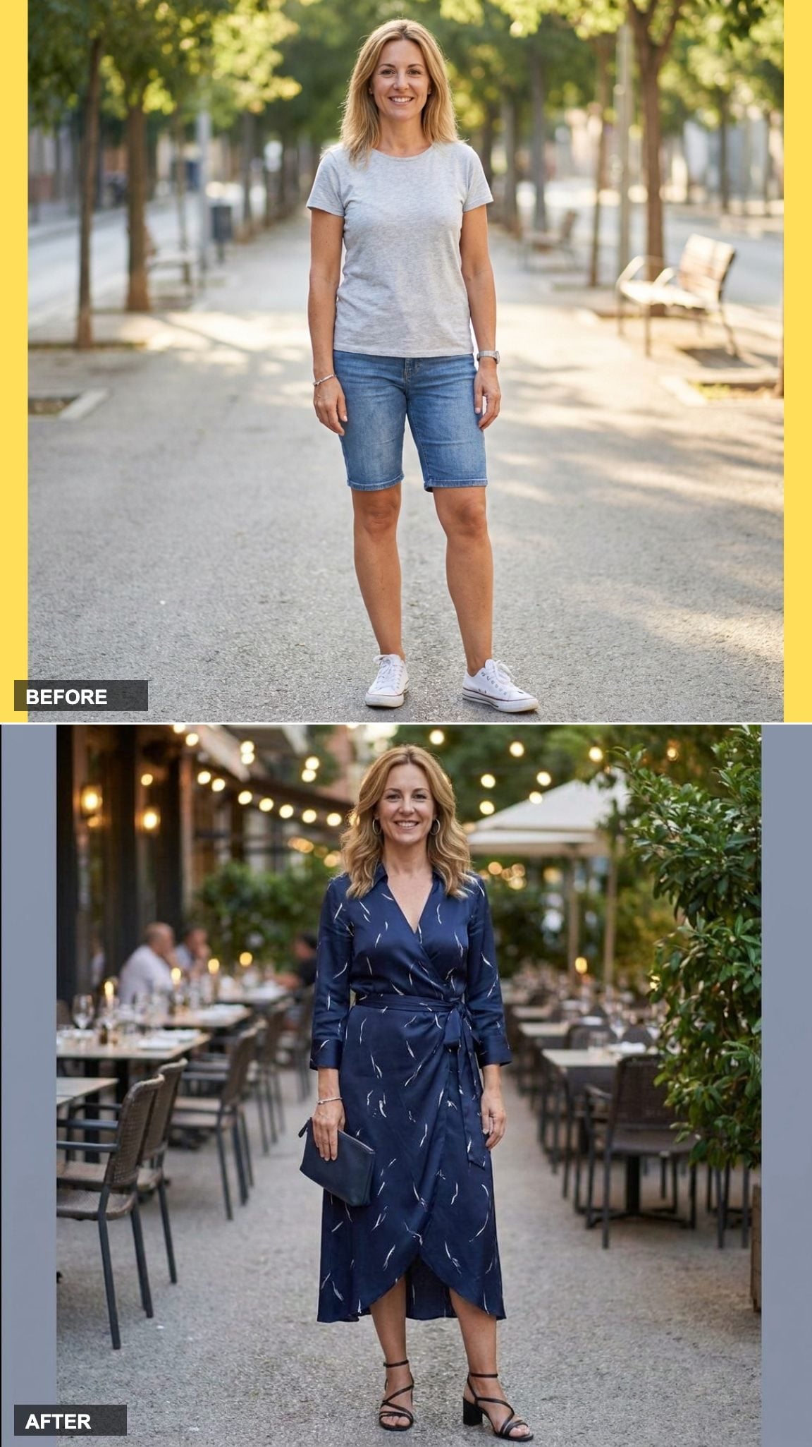 Navy Wrap Dress with Subtle Print, Heeled Sandals, and a Clutch: Dinner to Cocktails in One Look