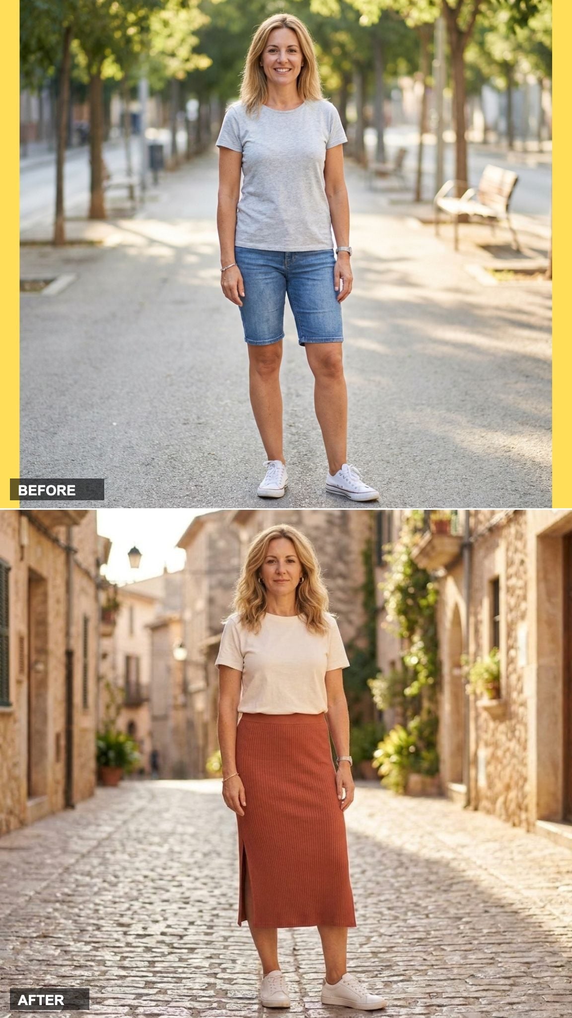 Stretchy Midi Skirt with a Tucked Tee and Sneakers for a Day of Exploring