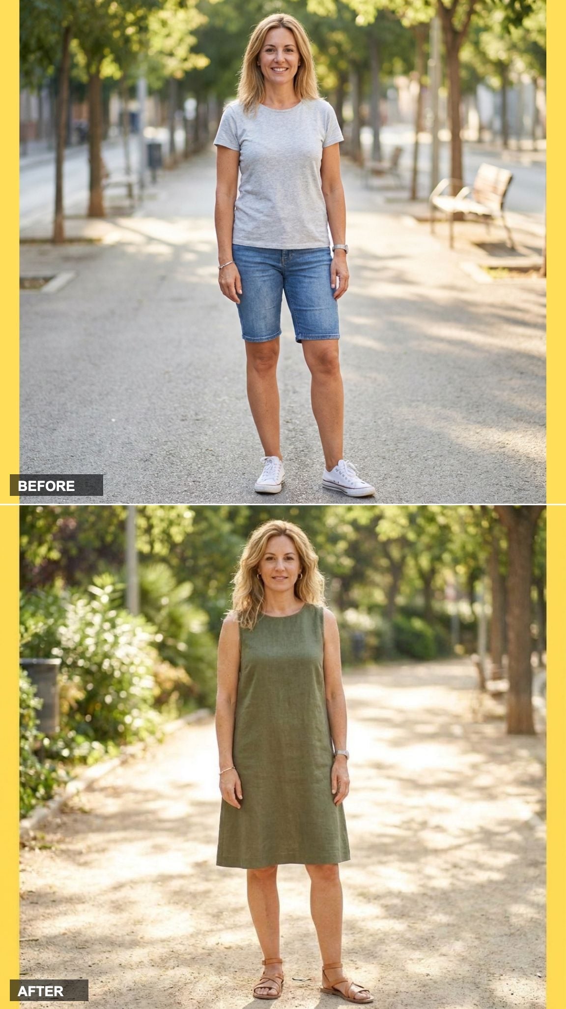 Sleeveless Olive Linen Dress with Flat Sandals and Minimal Jewelry