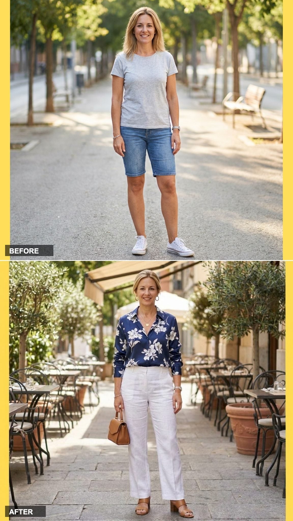 Printed Silk Blouse with White Trousers and Sandals for a Refined Lunch