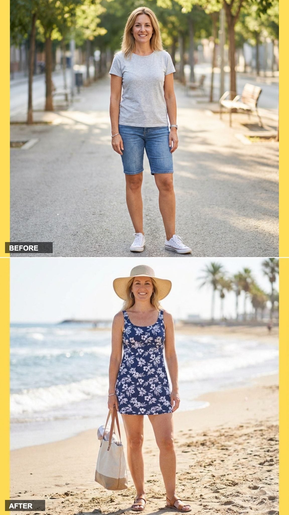 A Swim Dress with Built-In Support, Sandals, and a Sunhat for Stylish Beachwear