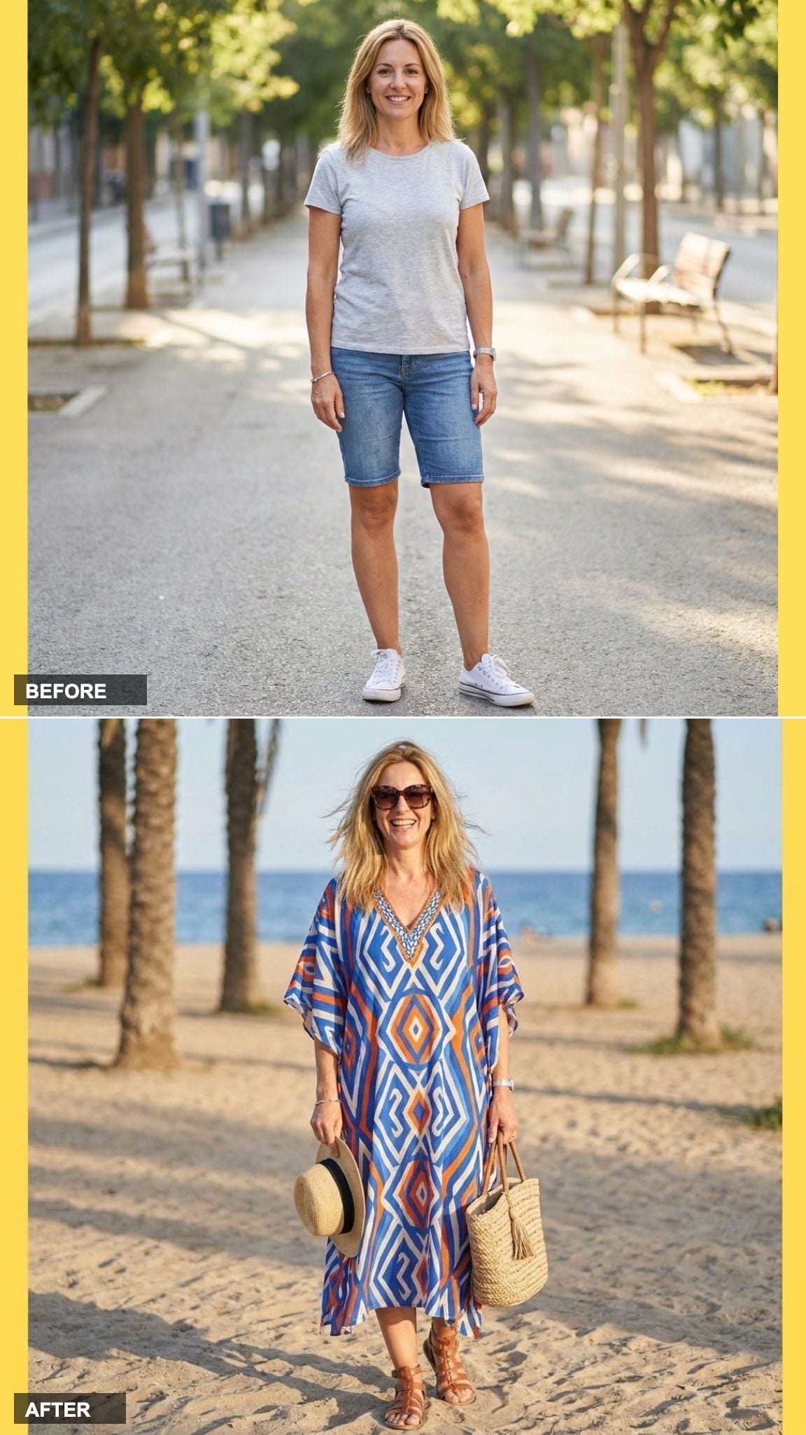 Bold Patterned Kaftan, Oversized Sunglasses, and Sandals: Relaxed Luxury at the Shore