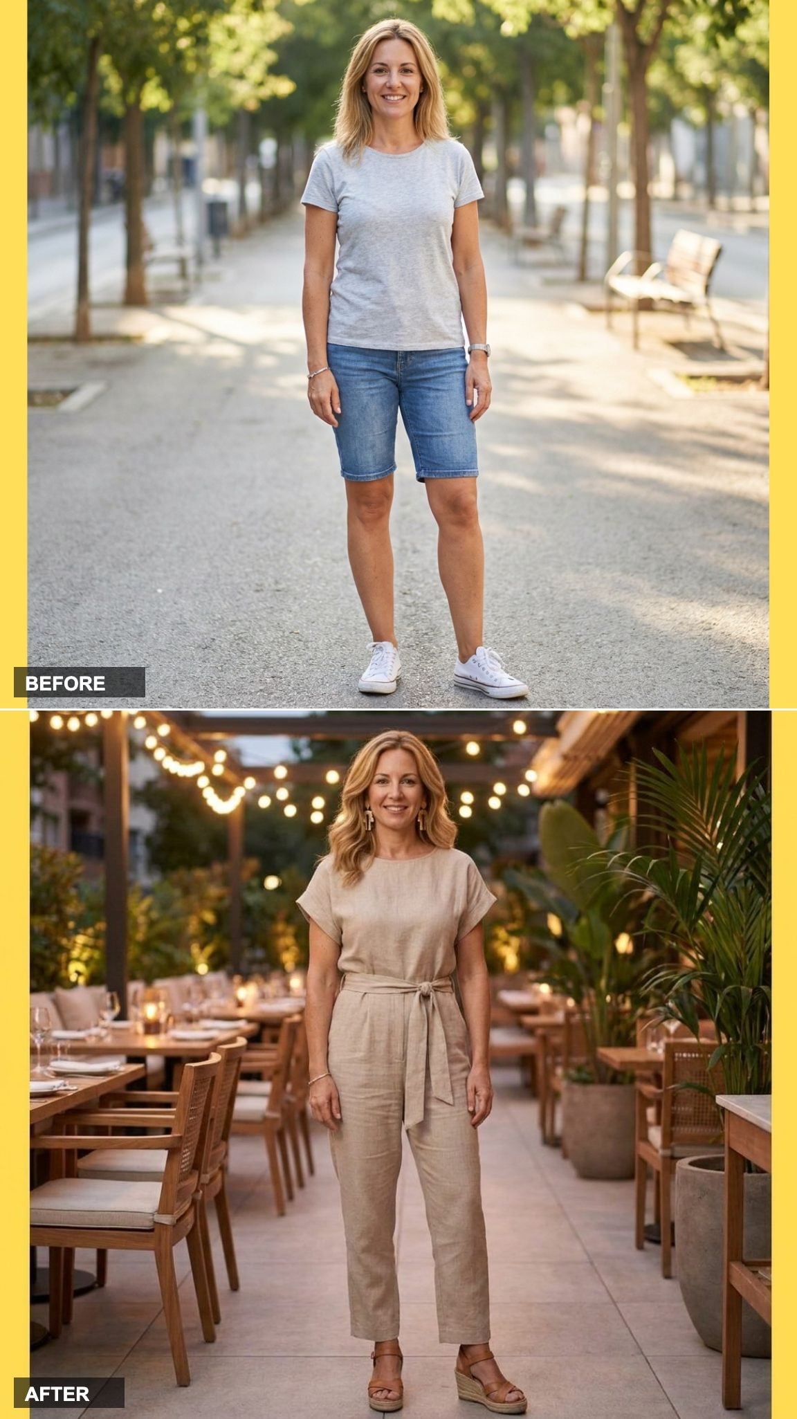 Neutral Jumpsuit with a Belt, Wedge Sandals, and Statement Earrings for a Vacation Dinner