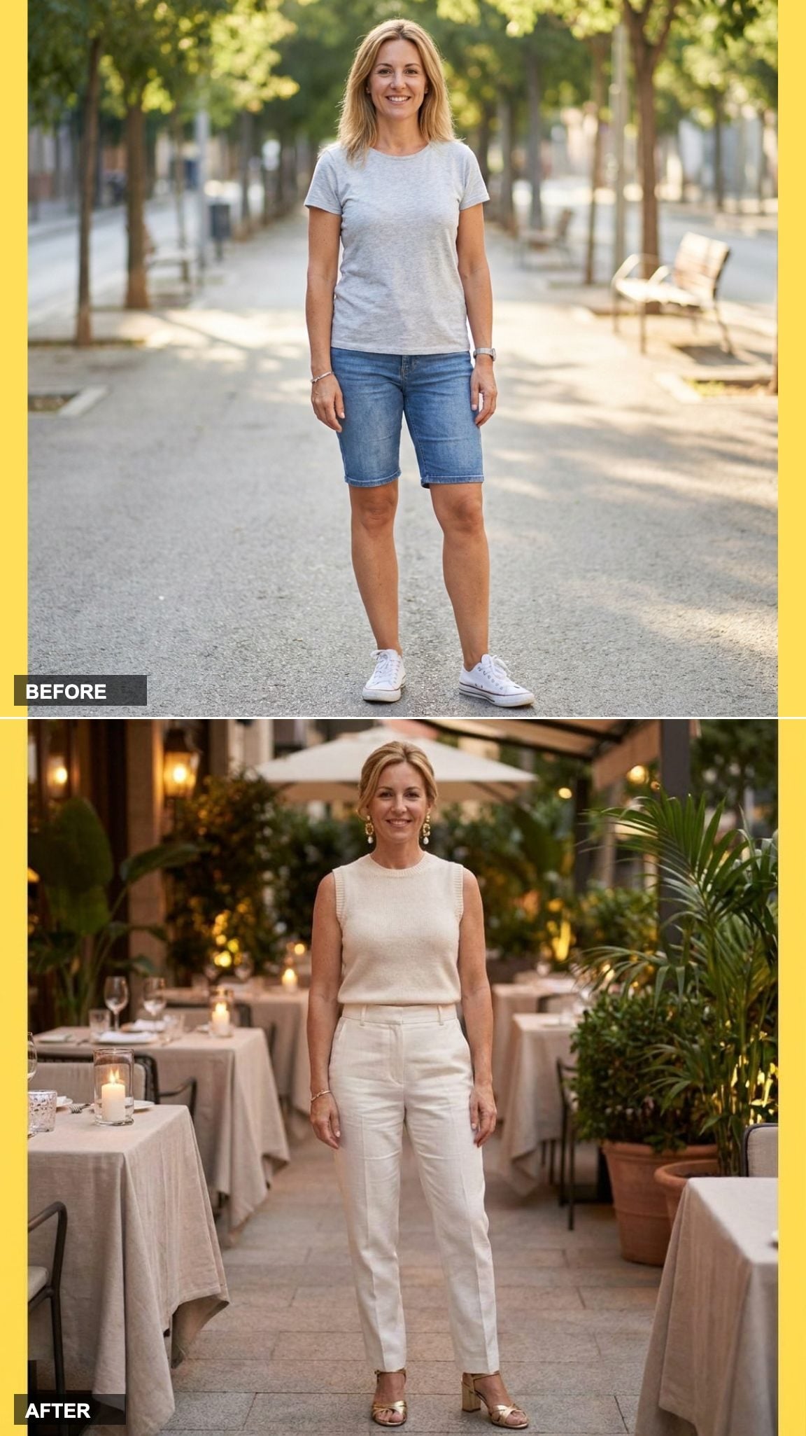 Ivory Tailored Trousers, a Sleeveless Knit Top, and Statement Earrings That Close the Case
