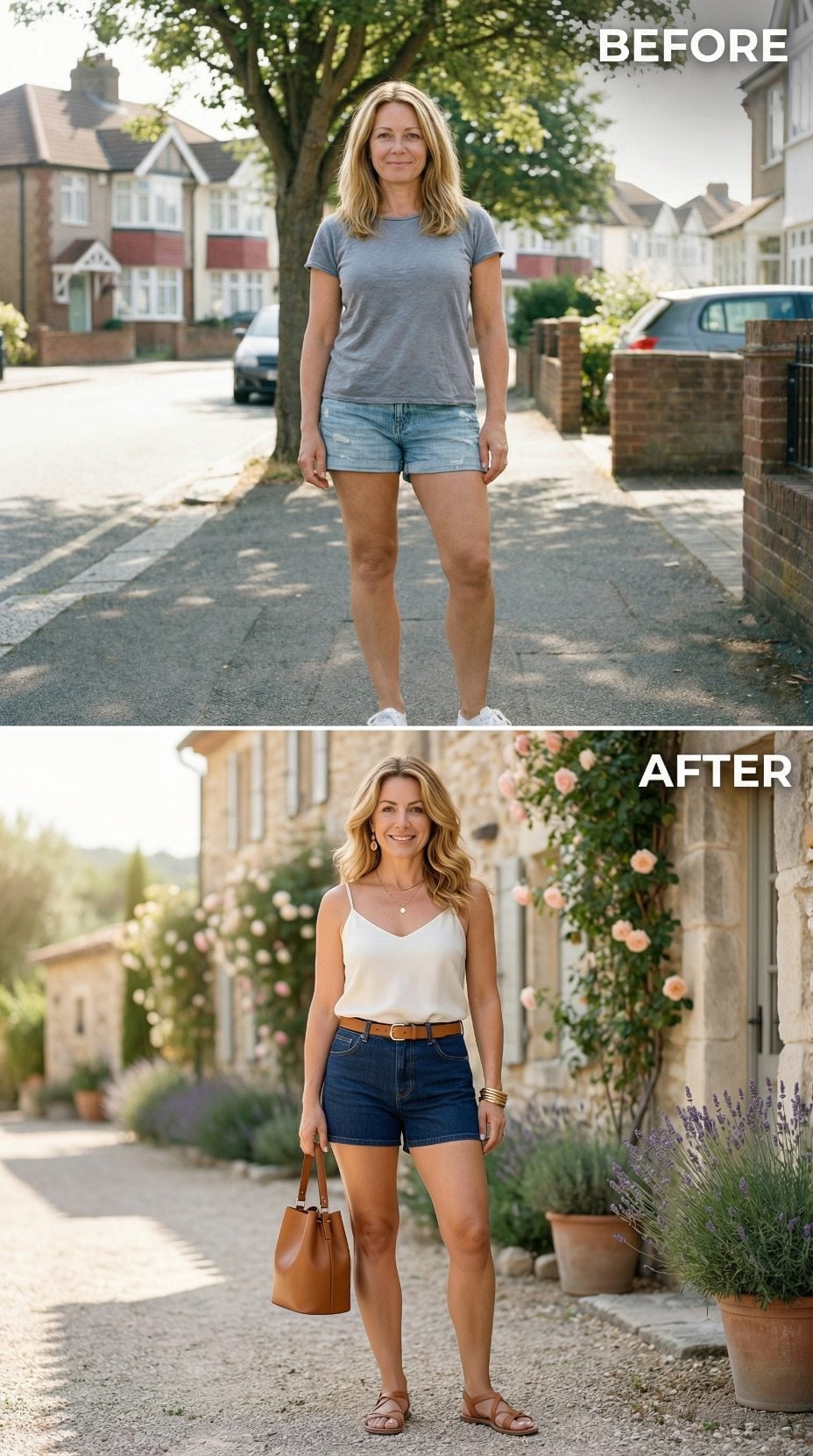 Suburb Sidewalk to Provençal Garden, Same Woman, Completely Different Energy
