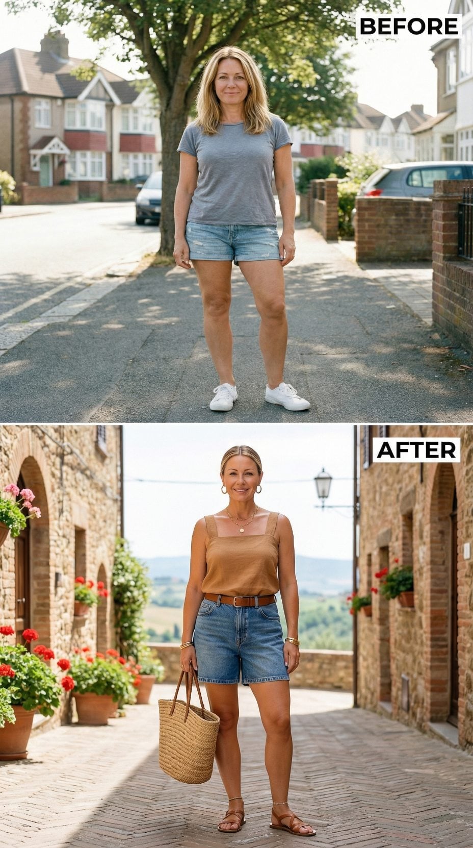 Suburb Sidewalk to Tuscan Village, Same Denim Shorts, Completely Different Woman