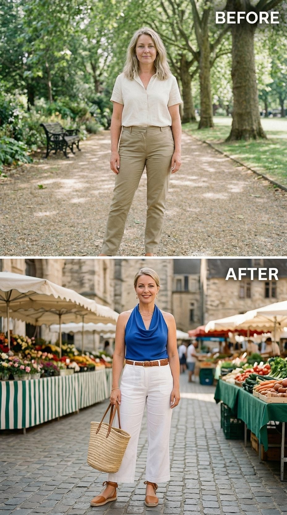 Cobalt Halter, White Linen, Woven Tote: Market Day Dressing Done Right