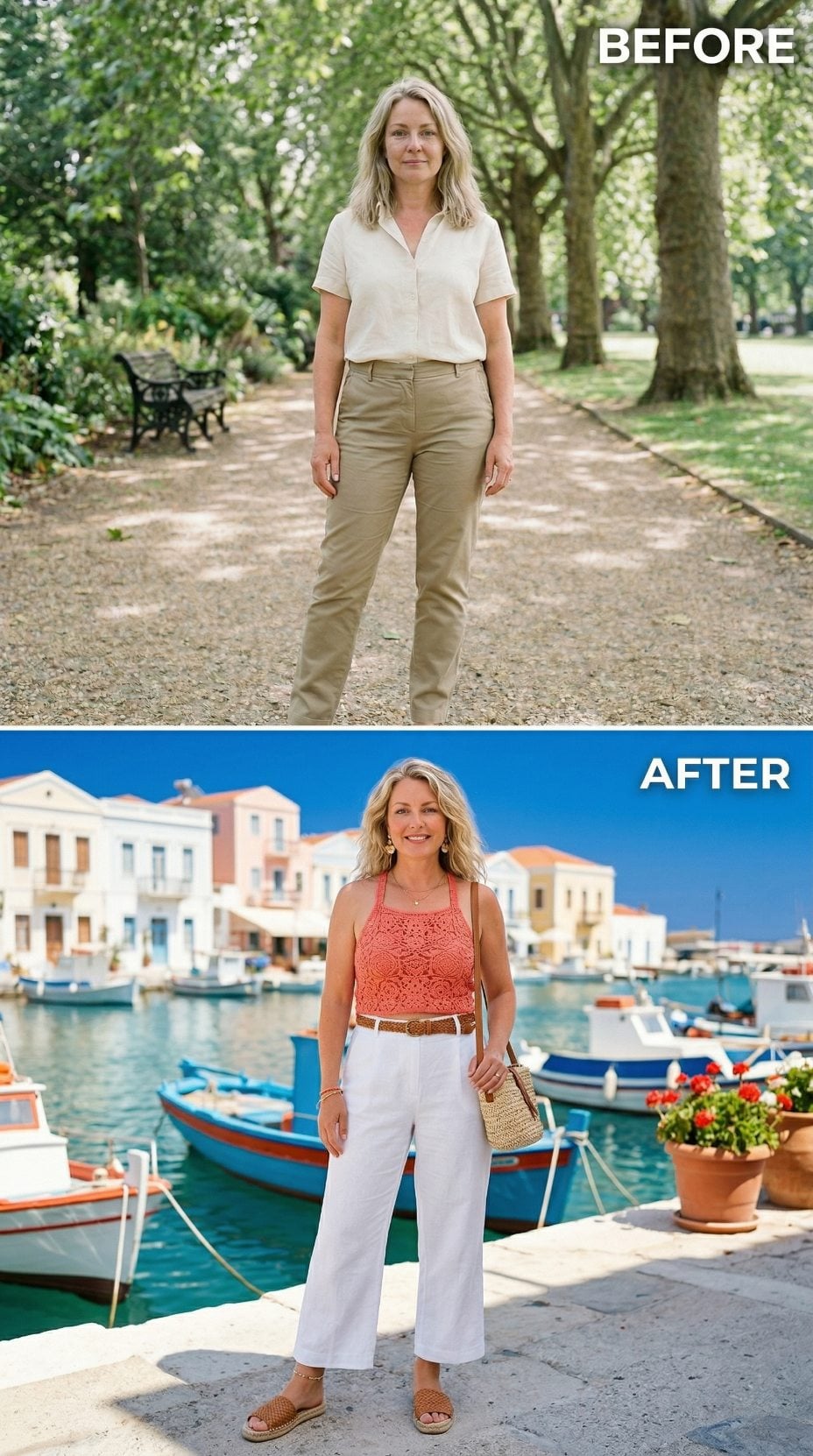 Coral Eyelet Halter, Greek Harbour, White Wide-Legs: What One Color Shift Actually Does