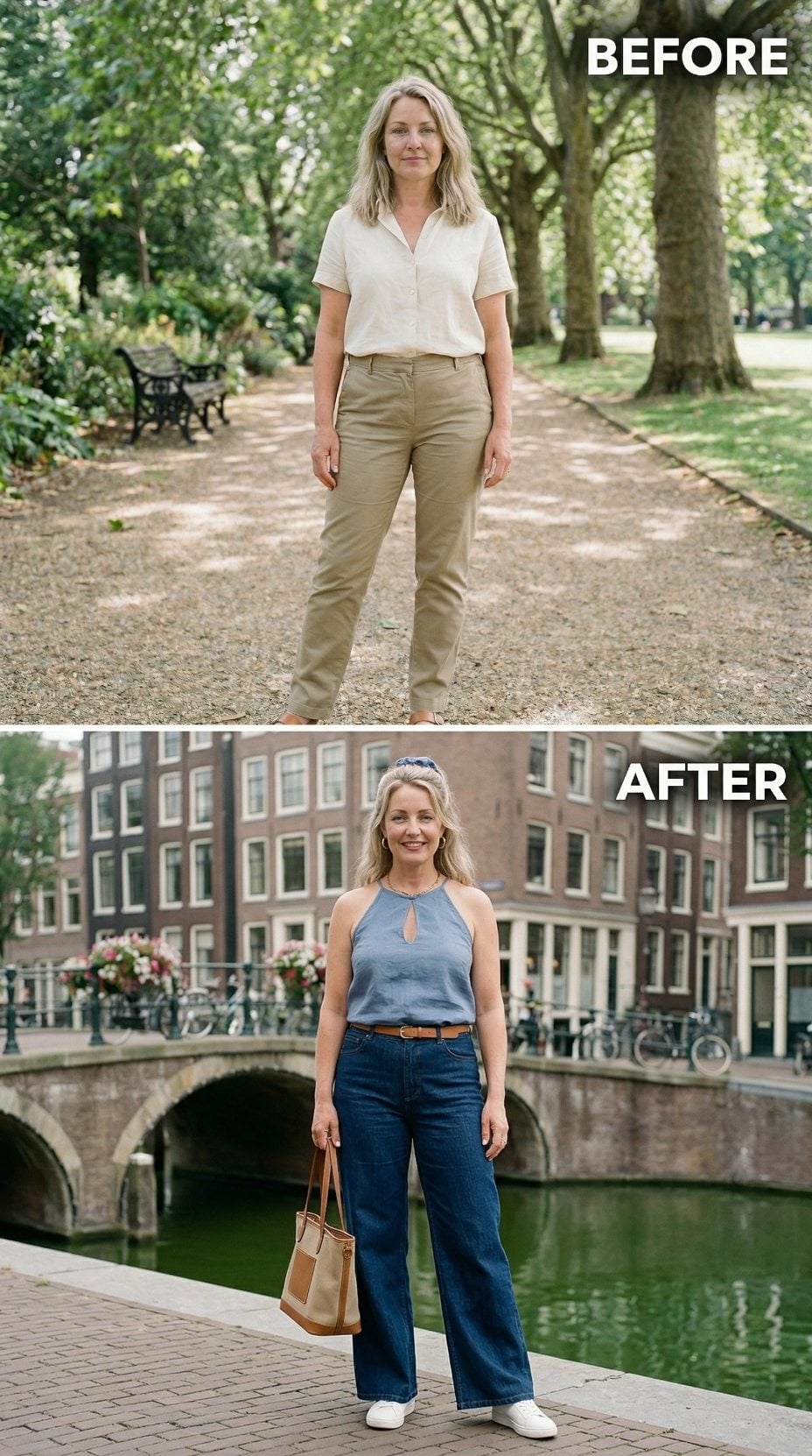 Amsterdam Canal, Blue Halter, Wide-Leg Denim: What a Neckline Change Actually Proves