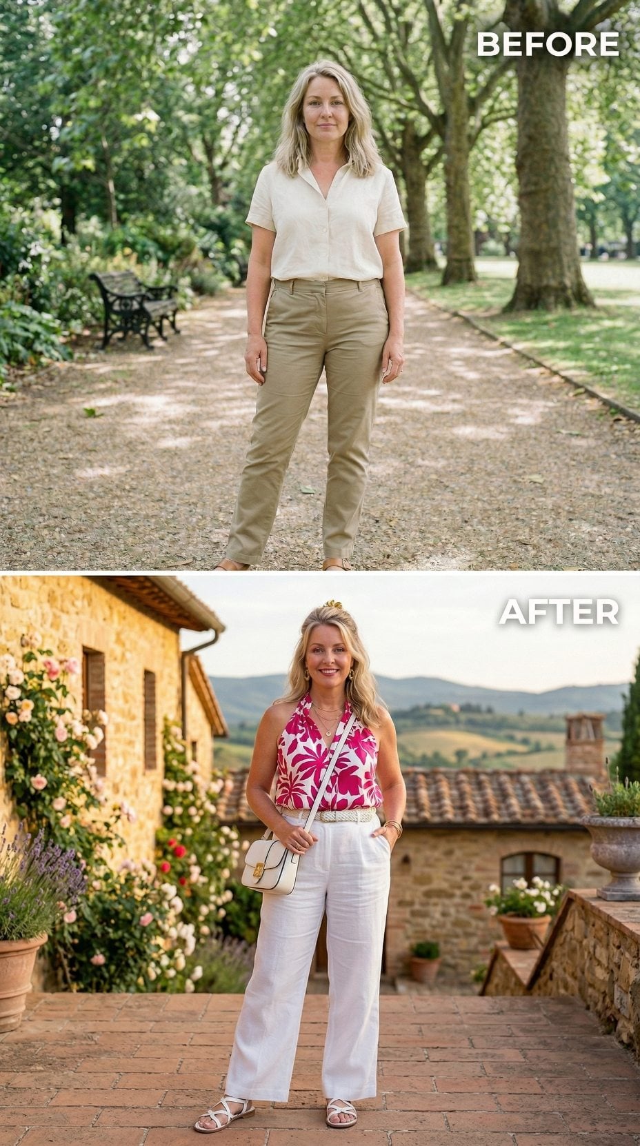 Fuchsia Floral Halter, White Wide-Leg Linen, Tuscan Stone: What Pattern Scale Does to a Silhouette