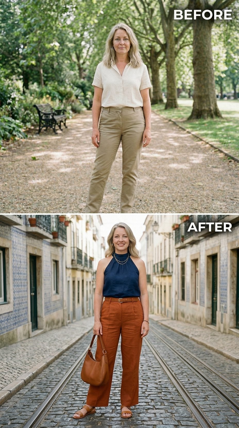 Navy Halter, Rust Wide-Legs, Lisbon Cobblestones: What Color Contrast Actually Solves