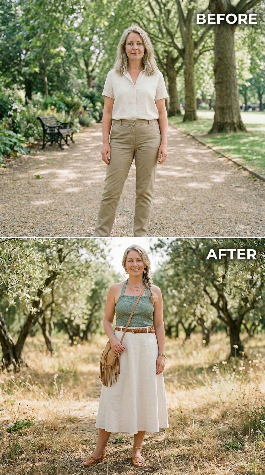 Olive Smocked Halter, Midi Skirt, Braided Belt: One Neckline Does All the Work