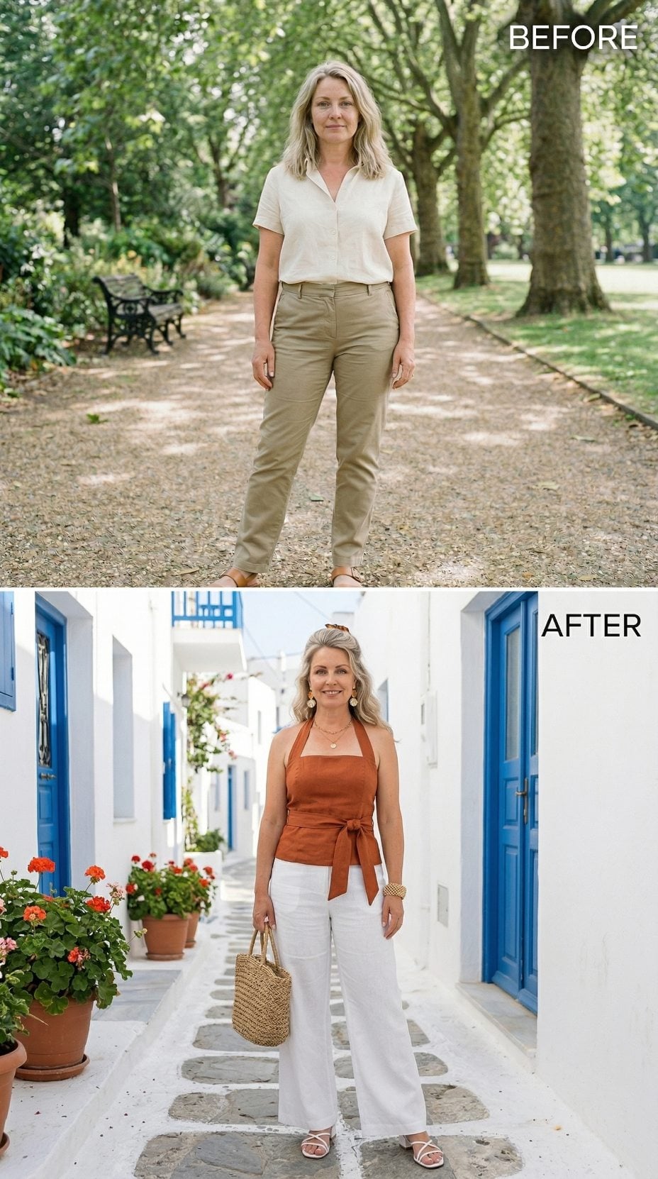 Rust Halter, Greek Whitewash, White Wide-Legs: What Warmth in the Neckline Actually Does