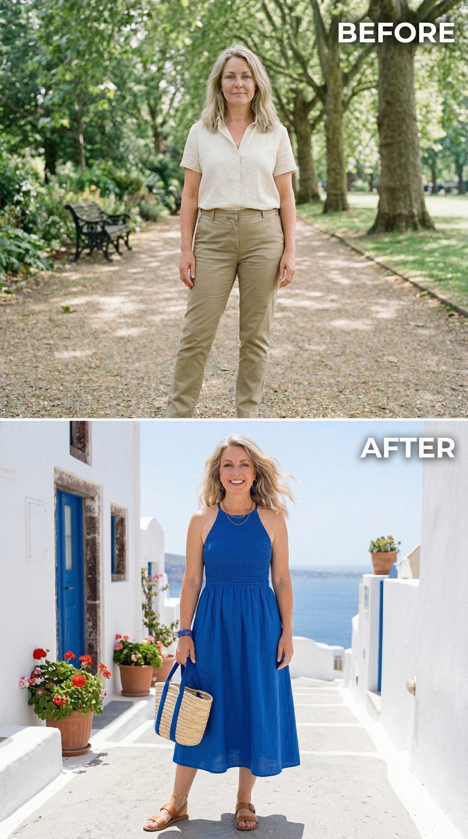 Royal Blue Smocked Halter, Santorini Steps, Straw Tote: What a Single Dress Does to the Whole Picture