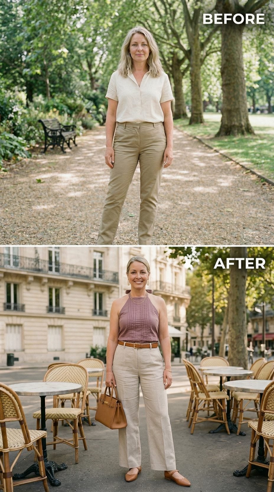 Mauve Halter, Paris Café Tables, Linen Wide-Legs: How One Neckline Shift Reads Across a City Block